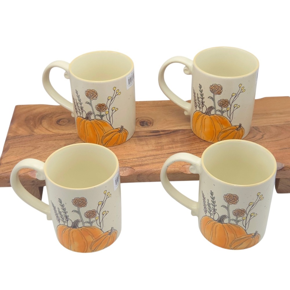 Spectrum Hand Painted Fall Pumpkin Ceramic Coffee Mug 16oz Set of 4 Embossed